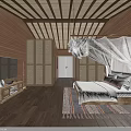 Hotel Room Interior Featuring Wooden Walls Ceiling Canopy Bed TV And Area Rug