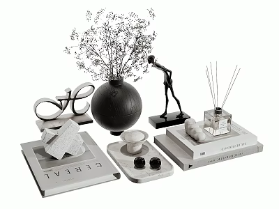 Stylish Decorative Ornament Set With Vase Dried Flowers Figurine Diffuser And Books 3d model