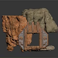 3D Scene Component With Natural Rock Formation And Wooden Frame Structure