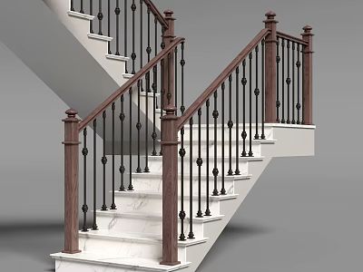 Elegant Staircase With White Marble Steps And Wooden Posts Black Metal Railings 3d model