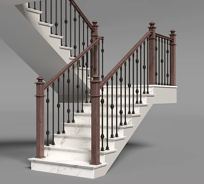 Elegant Staircase With White Marble Steps And Wooden Posts Black Metal Railings 3d model