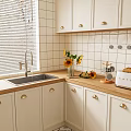 Classic Kitchen Interior With White Cabinets Tiled Walls Window Blinds And Fruits On Countertop