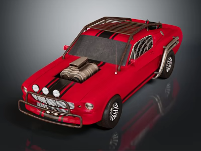 Red Vintage Muscle Car With Open Hood Exposed Engine And Roof Rack 3d model