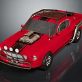 Red Vintage Muscle Car With Open Hood Exposed Engine And Roof Rack