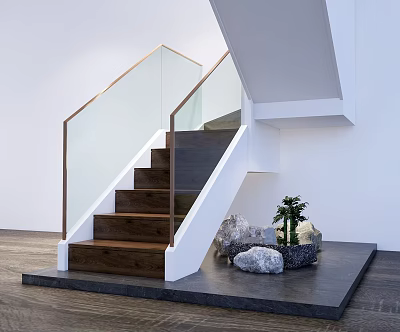 Modern Staircase With Wooden Steps Glass Railing Dark Flooring And Plant Decor 3d model