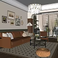 Classic Living Room Interior With Brown Leather Sofa Checkered Rug Crystal Chandelier And Framed Artworks
