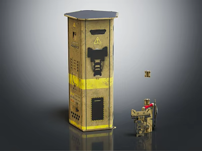 Industrial Device With Cardboard Like Design Yellow Warning Stripes And Small Mechanical Part 3d model