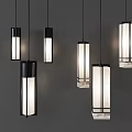 Multiple Modern Long Cylindrical Pendant Lights With Black Frame White Shade Against Gray Wall 3d model