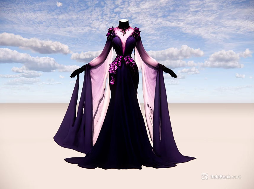 Elegant Purple Pink Long Dress With Flowy Sleeves And Floral Decorations 3d model 