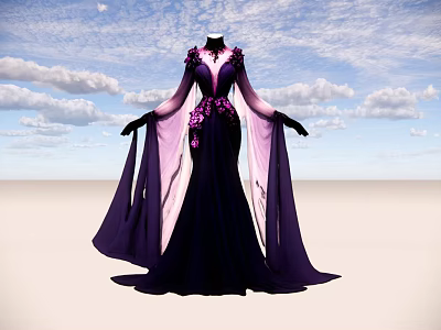 Elegant Purple Pink Long Dress With Flowy Sleeves And Floral Decorations 3d model
