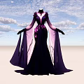 Elegant Purple Pink Long Dress With Flowy Sleeves And Floral Decorations