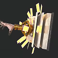 Fantasy Game Movie Character With Mechanical Claw Holding Golden Ring And Glowing Fragments Around Open Book