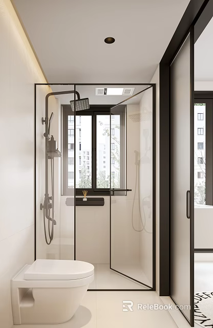 Modern Bathroom Interior Design With Glass Shower Enclosure Window And White Tiles 3d model 