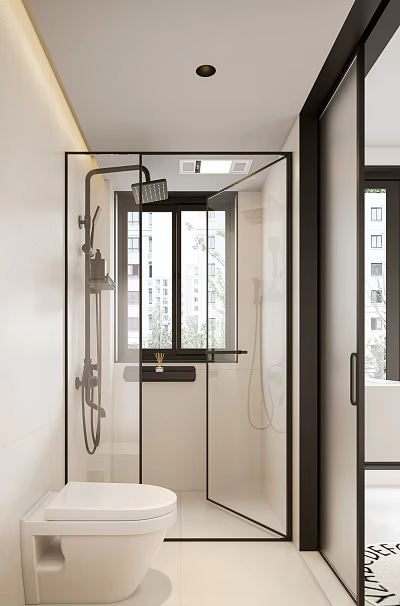 Modern Bathroom Interior Design With Glass Shower Enclosure Window And White Tiles 3d model