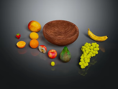 Assorted Fresh Fruits Display Featuring Strawberry Oranges Apple Avocado Banana Grapes And Wooden Bowl 3d model