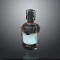 Sci Fi Potion Bottle With Metallic Texture Blue Liquid Red Strings And Water Drops