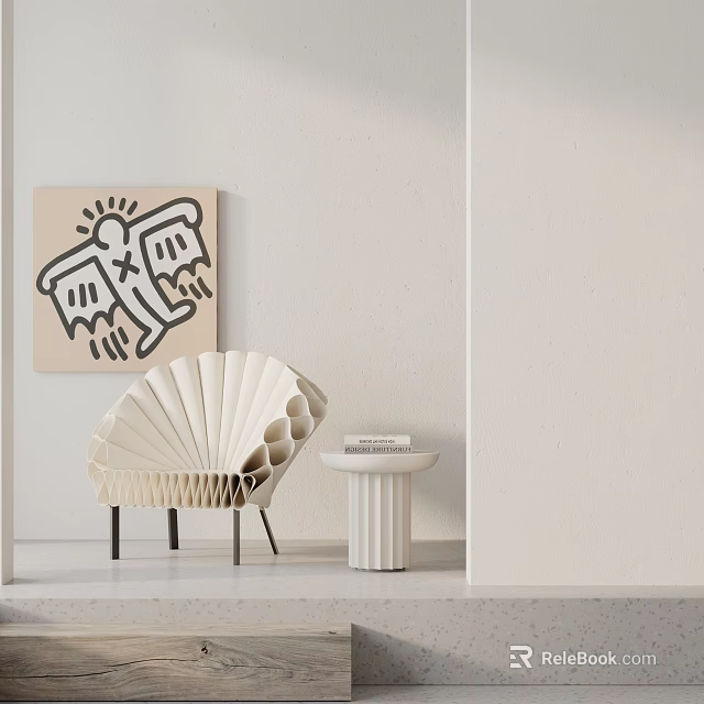 Modern Shell Shaped Leisure Chair With Small Side Table And Abstract Wall Art 3d model 