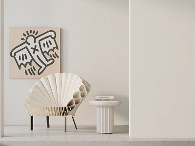 Modern Shell Shaped Leisure Chair With Small Side Table And Abstract Wall Art 3d model