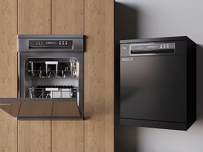 Modern Kitchen Interior With Black Dishwashers Open Door And Wooden Cabinets 3d model