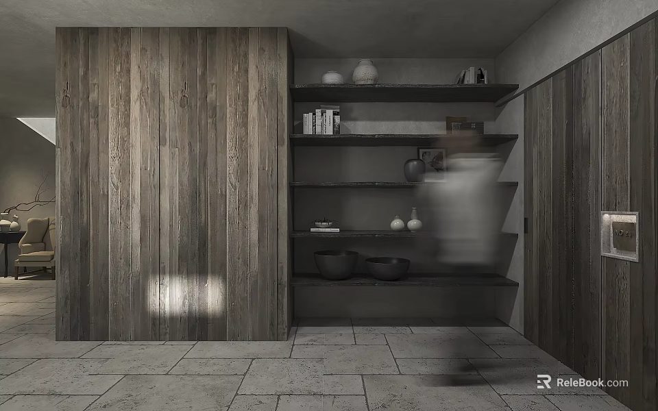 Modern Elevator Hallway Featuring Wooden Walls Gray Shelves Clay Pots Books And Stone Tile Floor 3d model 