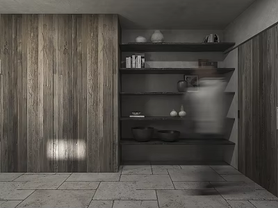 Modern Elevator Hallway Featuring Wooden Walls Gray Shelves Clay Pots Books And Stone Tile Floor 3d model