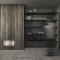 Modern Elevator Hallway Featuring Wooden Walls Gray Shelves Clay Pots Books And Stone Tile Floor