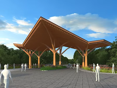 Wooden Memorial Archway With Sloped Roof Pillars And Green Trees In Stone Paved Area 3d model