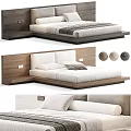 Modern Double Bed with Wooden Headboard and Cozy White Bedding in Minimalist Design