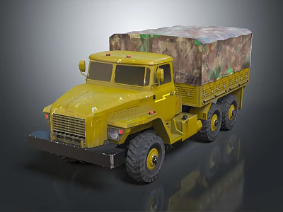 Yellow Military Transport Truck With Camouflage Cover And Large Tires 3d model