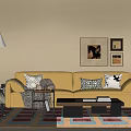 Orange Sofa and Black Coffee Table Set with Decorative Pillows Colorful Rug and Wall Art