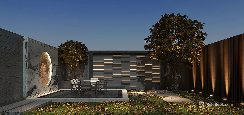 Modern Garden Landscape Featuring Trees Seating Area Decorative Wall And Paved Pathway 3d model 