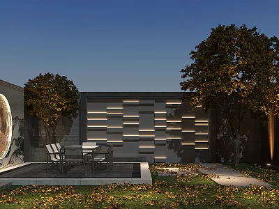 Modern Garden Landscape Featuring Trees Seating Area Decorative Wall And Paved Pathway 3d model