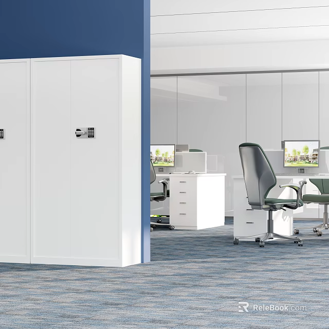 Public Office Area Interior With White Storage Cabinets Glass Partitions And Gray Office Chairs 3d model 