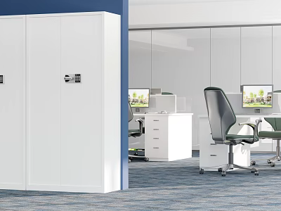 Public Office Area Interior With White Storage Cabinets Glass Partitions And Gray Office Chairs 3d model