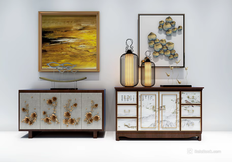Chinese Style Console Cabinet And Sideboard With Floral Patterns Decorative Paintings And Lantern Ornaments 3d model 