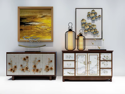 Chinese Style Console Cabinet And Sideboard With Floral Patterns Decorative Paintings And Lantern Ornaments 3d model