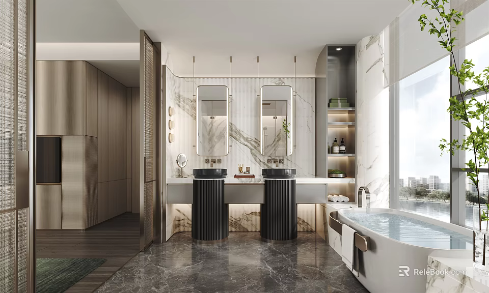 Modern Bathroom Interior Design With Double Marble Vanities Mirrors And Bathtub 3d model 