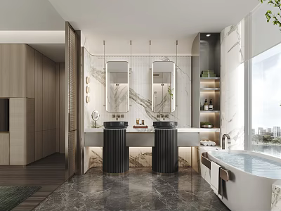 Modern Bathroom Interior Design With Double Marble Vanities Mirrors And Bathtub 3d model