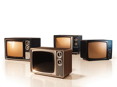 Four Vintage Televisions in Various Colors with Amber and Black Screens on White Background 3d model