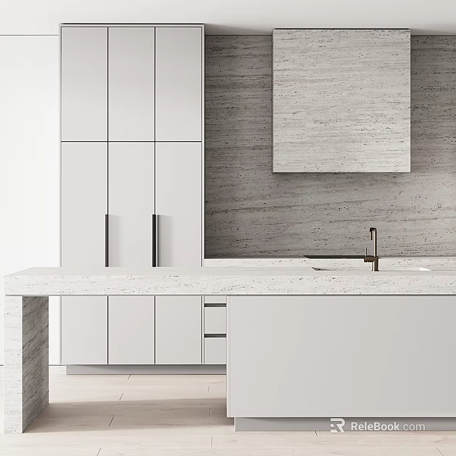Modern Kitchen Interior With White Cabinets Marble Island And Textured Wall 3d model 
