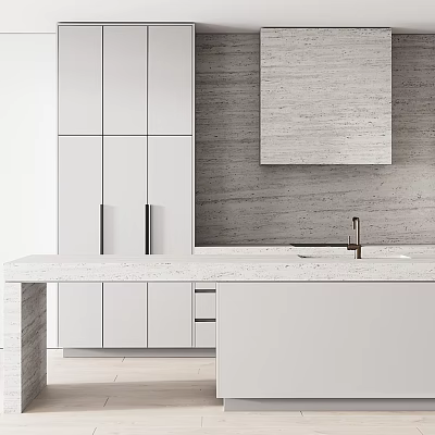 Modern Kitchen Interior With White Cabinets Marble Island And Textured Wall 3d model