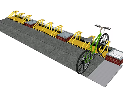 Bicycle Parking Area With Yellow Racks Green Bicycle And Red Brick Edges On Gray Pavement 3d model