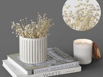 Elegant Decorative Ornament Set With White Ceramic Vase Dried Flowers Books And Candle 3d model