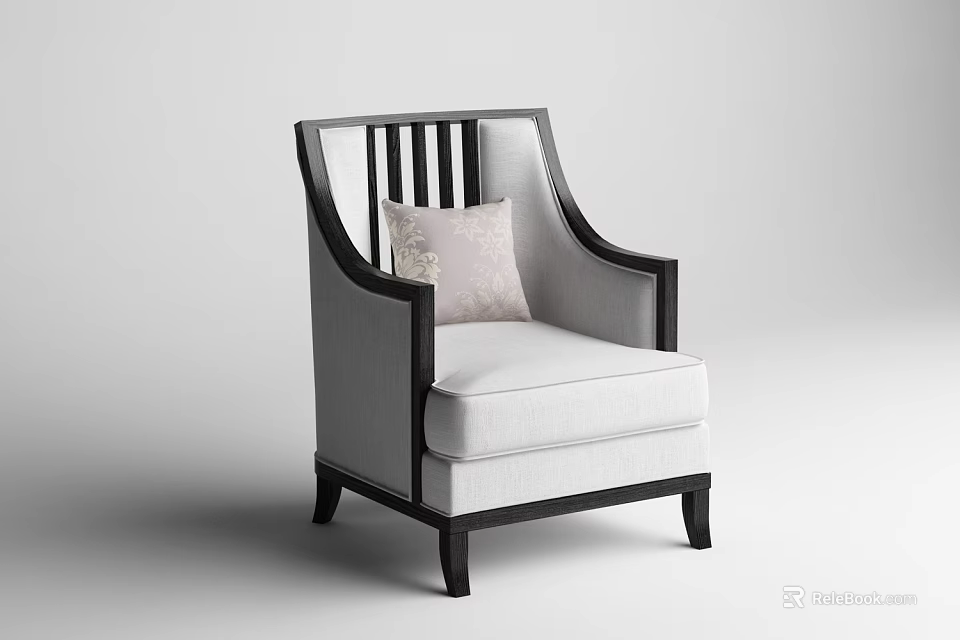 Modern Single Sofa With Black Wooden Frame White Cushion And Light Patterned Pillow 3d model