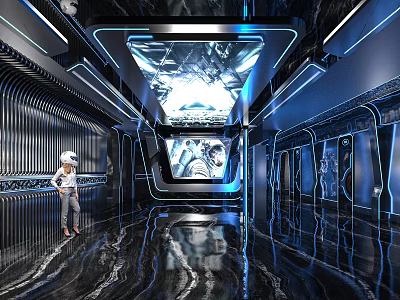 Futuristic KTV Corridor Featuring Blue Lighting Metallic Walls Reflective Flooring And Person With VR Headset 3d model