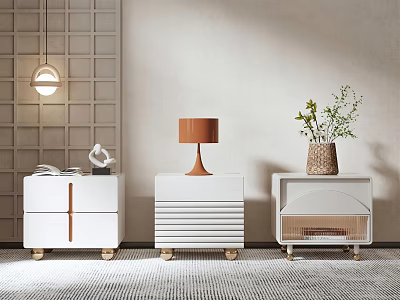Modern Bedside Tables With Striped Design Cabinet Doors Transparent Drawer Lamp And Potted Plant 3d model