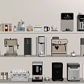 Modern Assorted Kitchen Appliances On Shelves With Jars And Cups