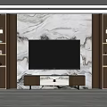 Marble TV Background Wall Interior Design With Wooden Side Cabinets TV And Decorative Shelves