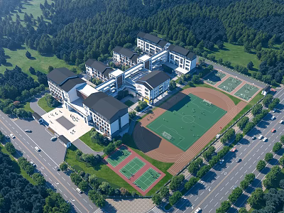 School Building Surrounded by Forests with Playground Track and Tennis Courts Layout 3d model