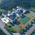 School Building Surrounded by Forests with Playground Track and Tennis Courts Layout